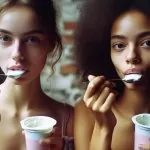deux jeunes femmes mangeant un yaourt