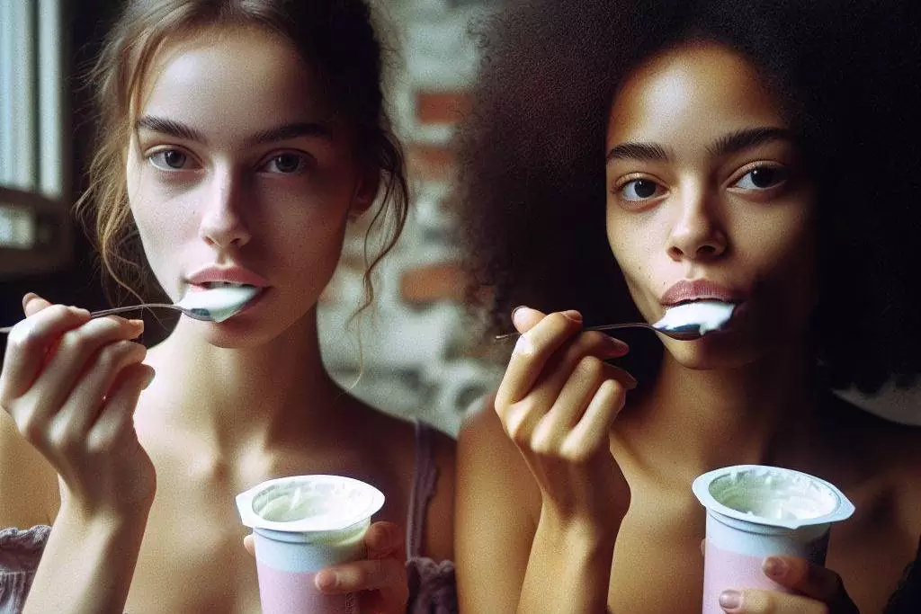deux jeunes femmes mangeant un yaourt
