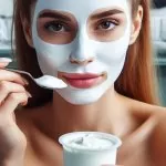 jeune femme avec un masque cosmétique au yaourt sur le visage